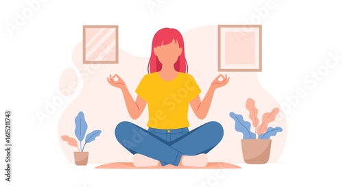 Woman meditating in lotus position at home, perfect for wellness websites or mindfulness apps.