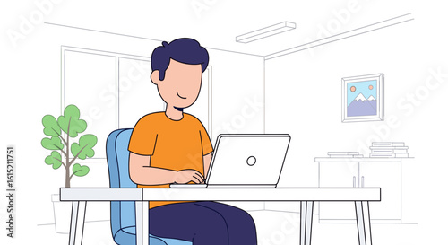 Illustration of a person working on a laptop at home, ideal for websites or blogs about remote work.
