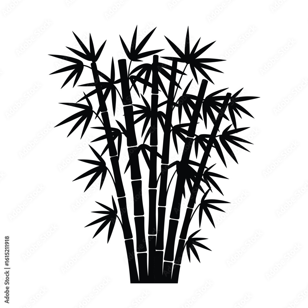 Fototapeta premium Bamboo grove silhouette illustration. Black graphic icon of asian plant stalks and leaves. Vector design element isolated on a white background.