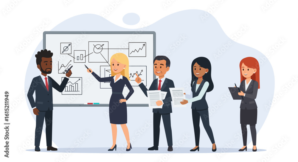 Fototapeta premium Diverse business team collaborating on a project, ideal for presentations or marketing materials.