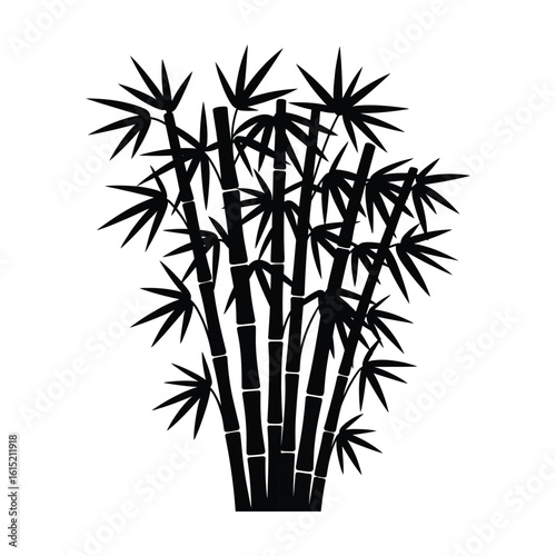 Bamboo grove silhouette illustration. Black graphic icon of asian plant stalks and leaves. Vector design element isolated on a white background.