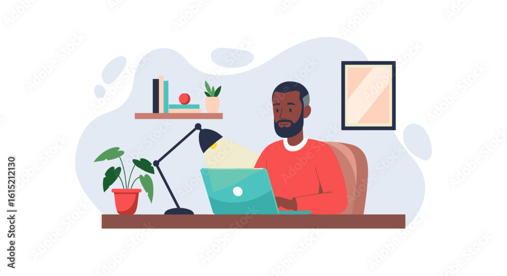African American man working on laptop at home office, perfect for website banners or blog posts about remote work. African American man working on laptop at home office, perfect for website banners or blog posts about remote work.