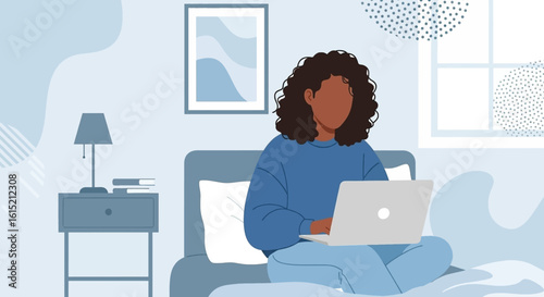 Woman working from home on laptop in bed, perfect for remote work, freelance, or work-life balance illustrations.