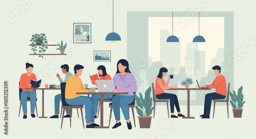 Diverse group of people working and relaxing in a modern cafe, ideal for website banners or brochures.