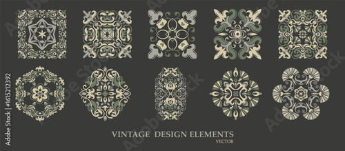 Vector. Set of square vintage elements with floral symmetry in grey-olive colors. Ideal for packaging, interior, business cards, tattoos and templates.