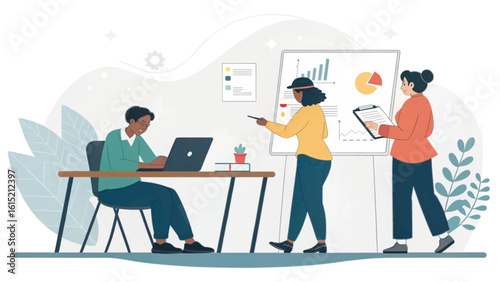 Diverse team collaborating on a project, reviewing data and charts. Ideal for presentations on teamwork, business strategy, or data analysis.