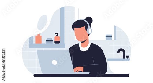 Person working from home on laptop, wearing headphones.  Ideal for blogs, websites, and articles about remote work.