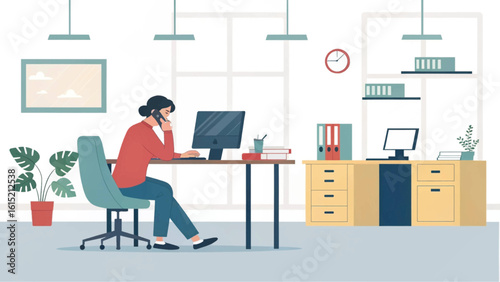 Businesswoman working at her desk, answering a phone call. Perfect for websites, brochures, and presentations related to business, communication, or work.