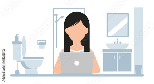 Woman working on laptop in bathroom, ideal for articles on work-life balance or remote work.