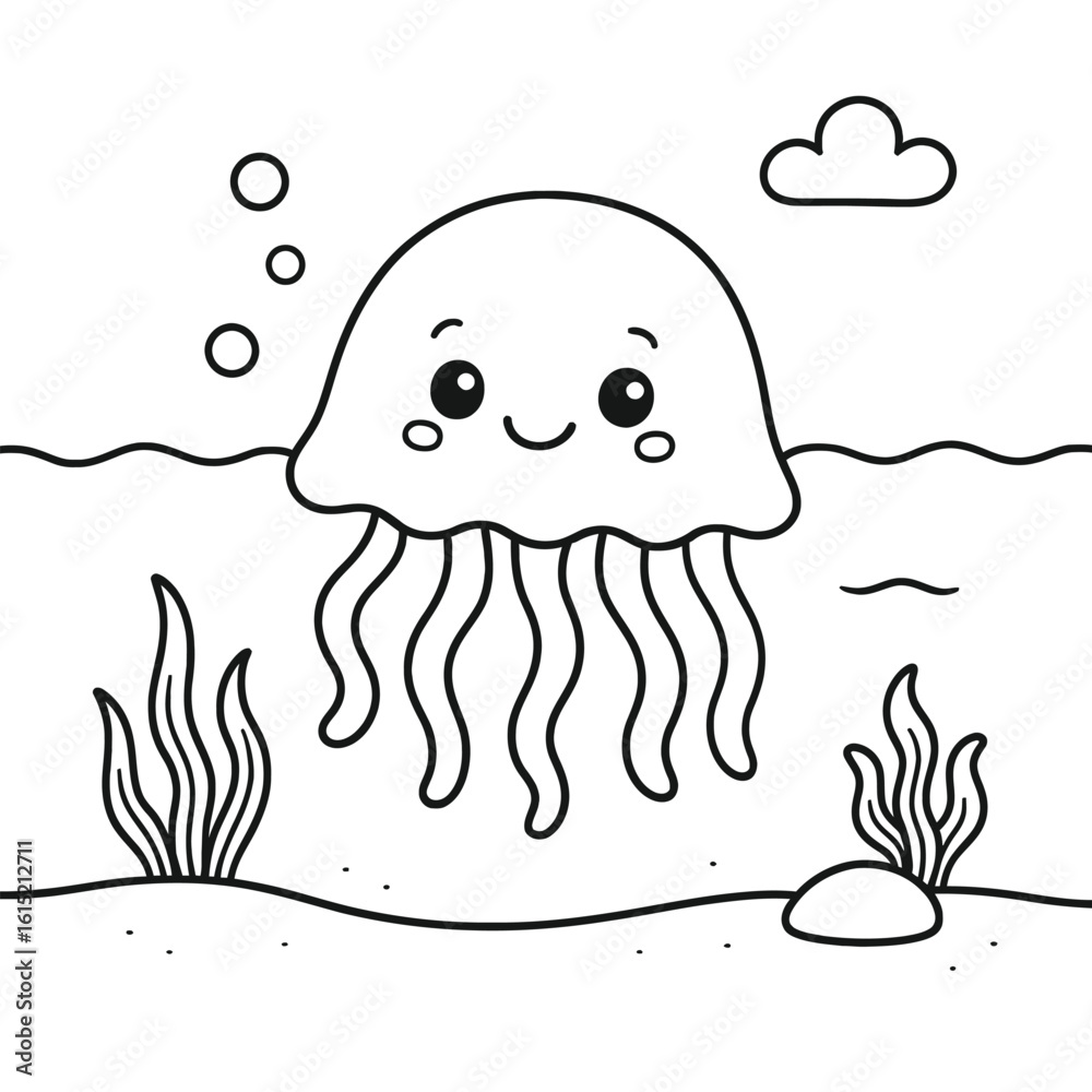 Obraz premium Smiling Cartoon Jellyfish in Underwater Scene Coloring Page