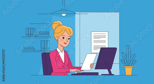 Businesswoman working at her desk, perfect for website banners or business brochures.