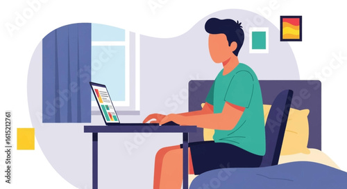 Young man working from home on laptop, perfect for illustrating remote work, freelance, or online education.