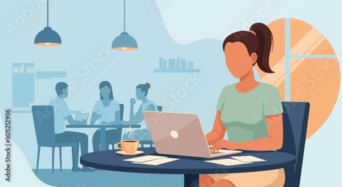 Woman working on laptop in cafe, with blurred colleagues in background. Ideal for website banners or marketing materials.