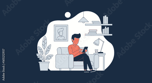 Man using tablet on comfy armchair at home, perfect for website banners or blog posts about relaxation and technology.