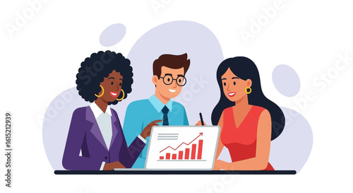 Diverse business team analyzing growth chart on laptop, ideal for website or presentation.