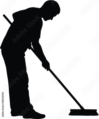 Man Sweeping Floor Silhouette: Depicting Cleaning, Maintenance, and Hard Work, Ideal for Household Chores, Janitorial Services, or Labor Themes.