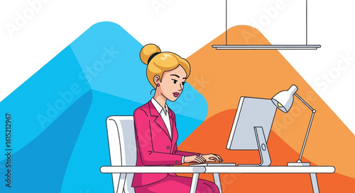 Modern businesswoman working on desktop computer, perfect for website banners and business presentations.