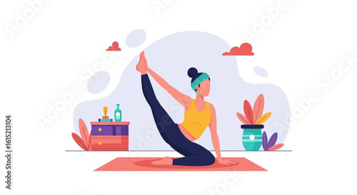 Woman practicing yoga at home, perfect for wellness websites or brochures.