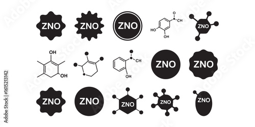 A collection of black and white chemical structures and zno representations on a white background