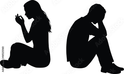 Distressed Couple Silhouettes: Representing Sadness, Conflict, Prayer, and Relationship Problems, Ideal for Counseling, Mental Health, or Emotional Support Themes.