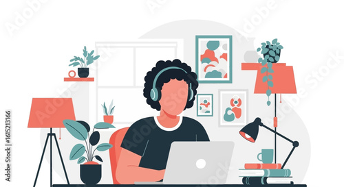 Person working from home on laptop, wearing headphones, surrounded by plants and books. Ideal for blog posts about remote work or home office setup.