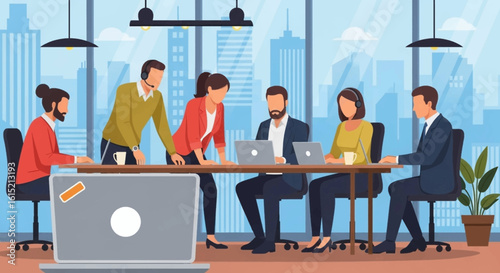Diverse business team collaborating on laptops in a modern office, perfect for website banners or presentations.
