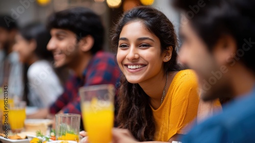 group of college student discussing laughing at canteen