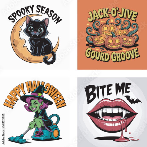 Black cat on moon spooky season vector icons bundle pack happy halloween witch with vacuum bite me vampire lips