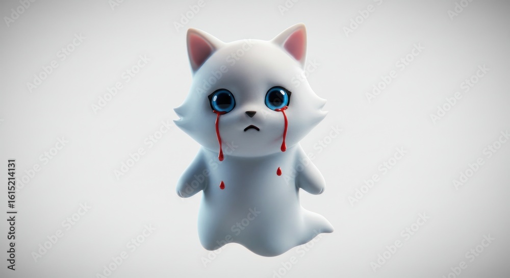 Cartoonish spectre feline with emotional expression and tears descending on a stark plain backdrop Cartoonish spectre feline with emotional expression and tears descending on a stark plain backdrop