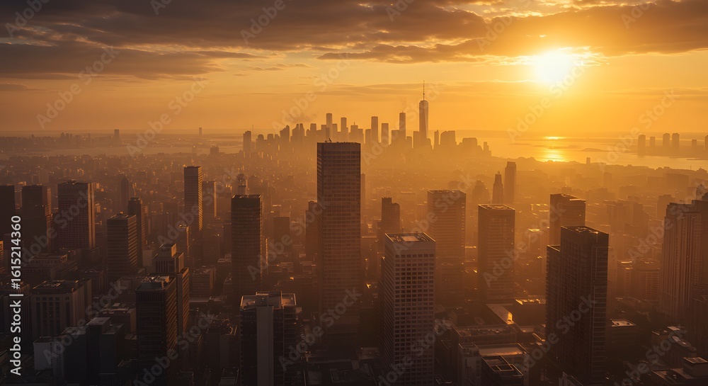 Fototapeta premium Golden sunset over a hazy New York City skyline, showcasing numerous skyscrapers.