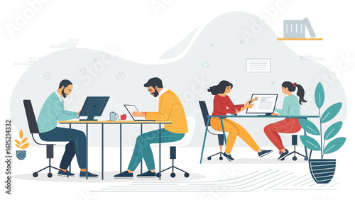 Teamwork in a modern office: Diverse colleagues collaborating on projects. Ideal for websites, presentations, and brochures.