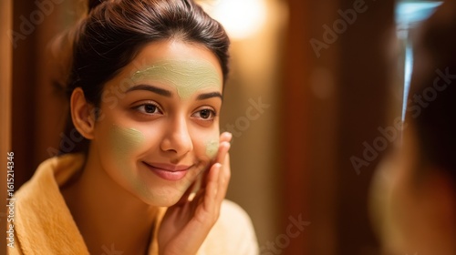 Indian woman applying Multani mitti on face mask