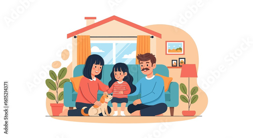 Happy family with pet dog at home, perfect for family blog, website or social media.