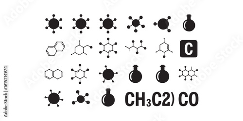 Illustration of various black and white chemistry related icons and molecular structures on a white background