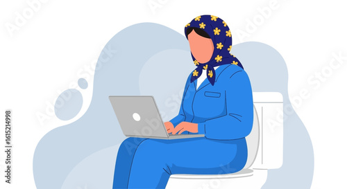 Woman working on laptop while sitting on toilet - illustration for articles about work-life balance or remote work.