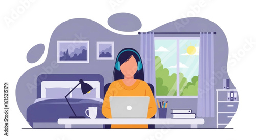 Woman working from home on laptop, ideal for remote work, freelance, and work-life balance websites and brochures.