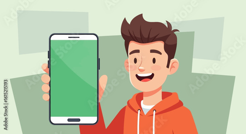 Happy young man holding a smartphone with a green screen, perfect for app presentations or mobile ads.