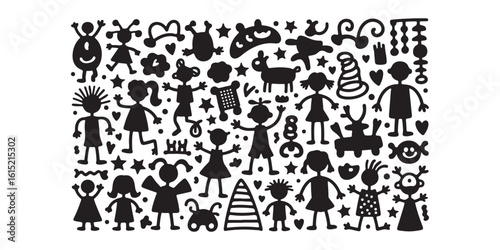 A collection of whimsical black and white cartoon figures and shapes in a dense arrangement