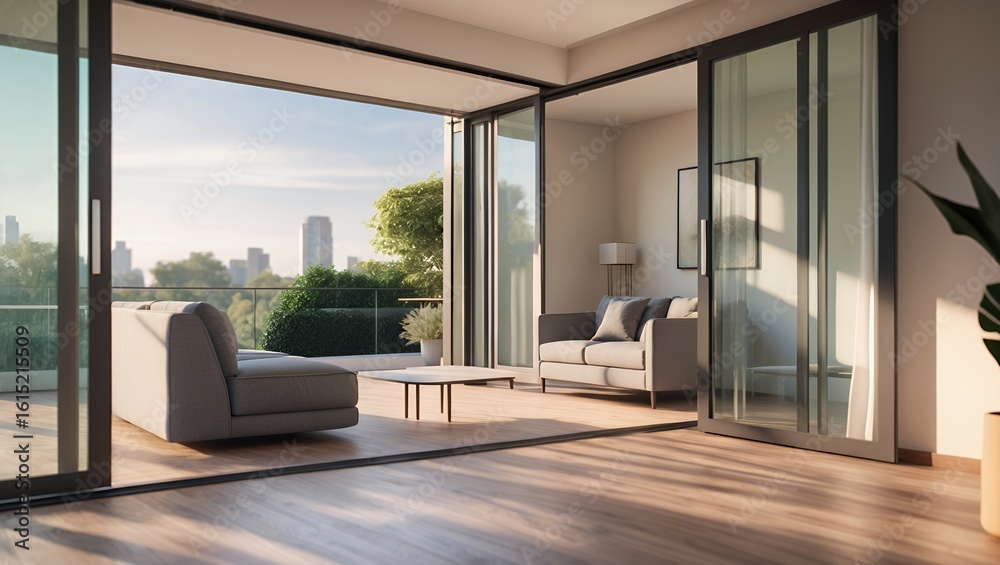 Fototapeta premium Bright Modern Apartment Living Room with Sliding Glass Doors and City View Balcony