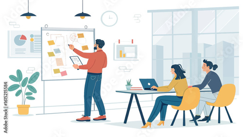 Teamwork in modern office, brainstorming session illustration for landing page or presentation.