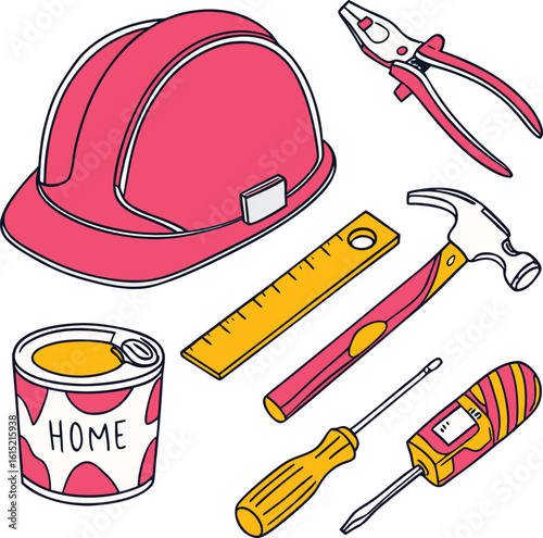 Hand Drawn Construction Tools and Home Can on Transparent Background