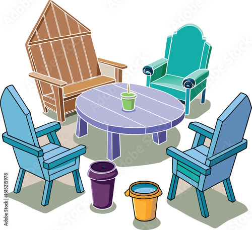 Cartoon Outdoor Seating Area with Colorful Furniture on Transparent Background