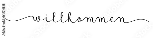 WILLKOMMEN (WELCOME in German) black vector brush calligraphy banner with swashes