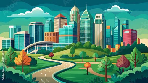 In Charlotte, North Carolina, the skyline rises beside green parks and curving roads. Semi-realistic vector details highlight balance between nature, architecture, and southern charm.