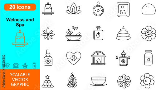Wellness & Spa Vector Icon Set — Flat Editable Icons of Massage, Meditation, Aromatherapy, Skincare, Beauty, Yoga, Relaxation, Essential Oils & Self-Care for Health & Lifestyle Projects

