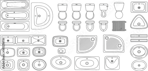 Bathroom furniture. Top view. Architectural collection. Baths, shells, toilets, bidets, urinals, showers. View from above