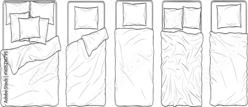 Beds outline top view. Floor plan icons set for design interior and architectural project. Furniture thin line icon in top view for layout