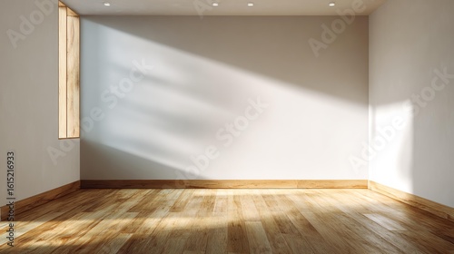 Empty room interior space background mock-up empty, sunlight, and shadows room walls Modern empty room with wooden floor and light.