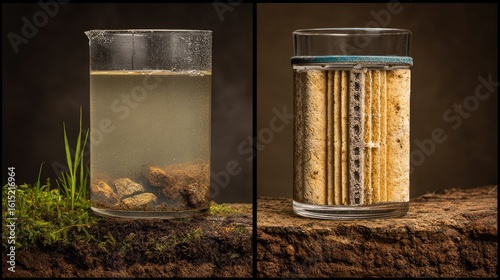 Dirty water filter cartridge next to a clean one, showing effect of groundwater impurities