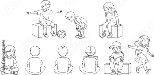 CAD Drawings. Set kids outlines isolated on white background. Sitting, walking, etc. Vector illustration